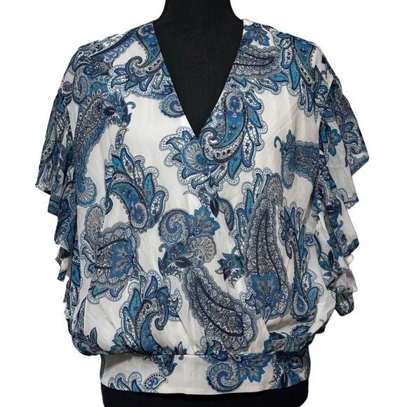 EXPRESS Women’s Blue Paisley Wrap Front Ruffle Top, SZ M - Picture 1 of 6